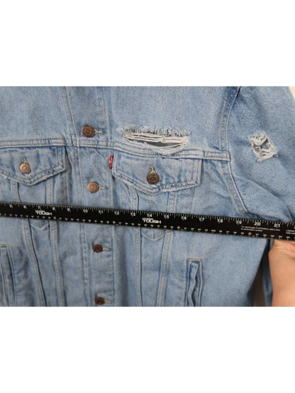 Levis XL Distressed Denim Jacket Blue 100% Cotton Light Wash - Picture 6 of 10